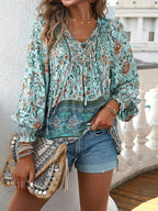 Floral Cotton Blouse with V-Neck Tie Detail