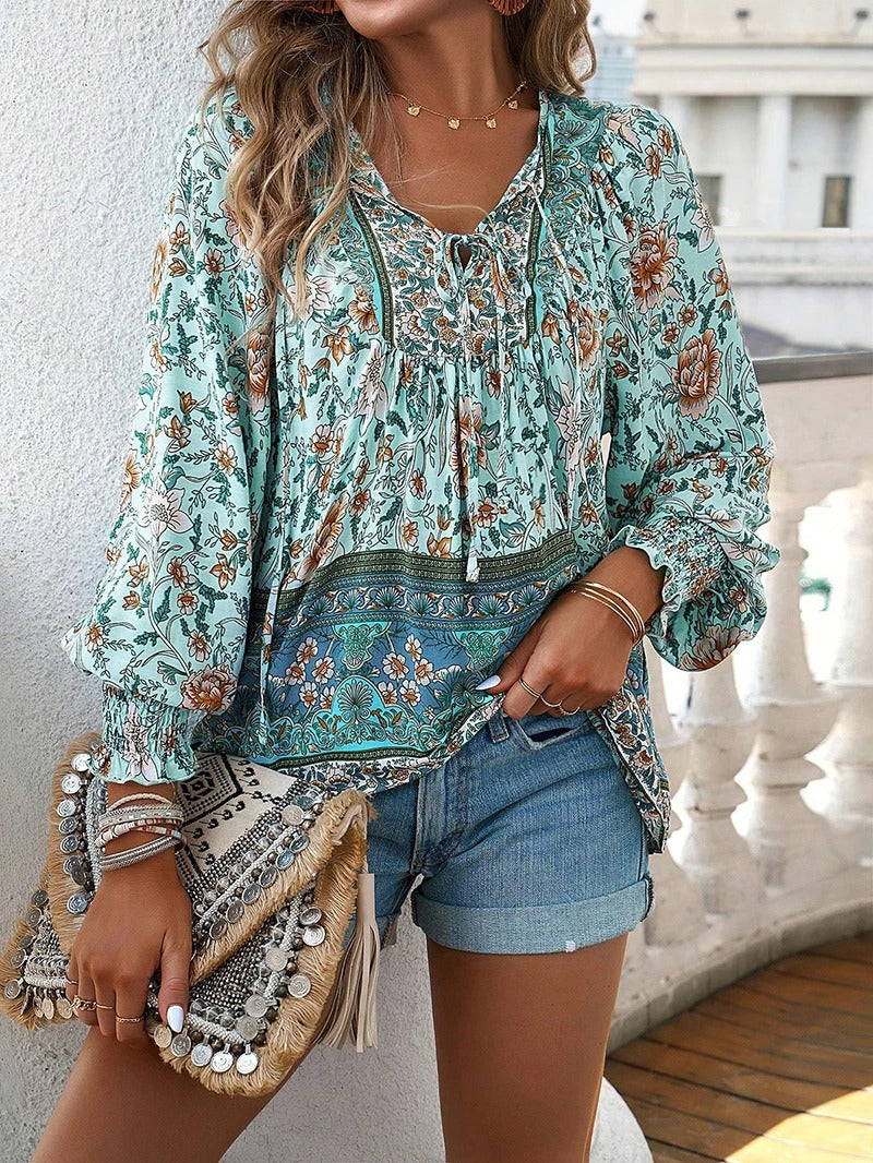 Floral Cotton Blouse with V-Neck Tie Detail