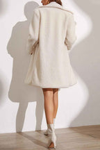 Plush Longline Winter Coat with Notched Collar and Buttons