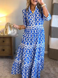 Chain-Link Print Blouson Sleeve Tiered Maxi Dress