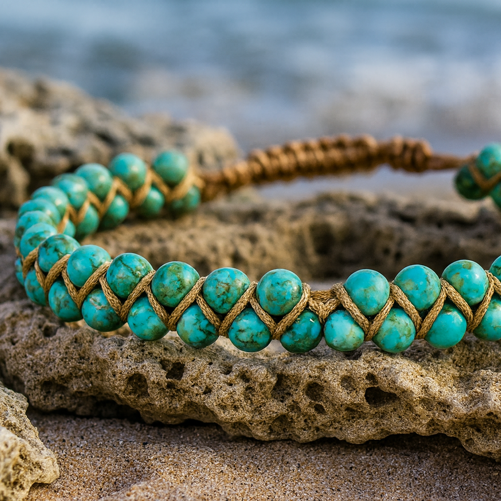 Turquoise Stone Bracelet Wrapped in Gold-Tone Thread