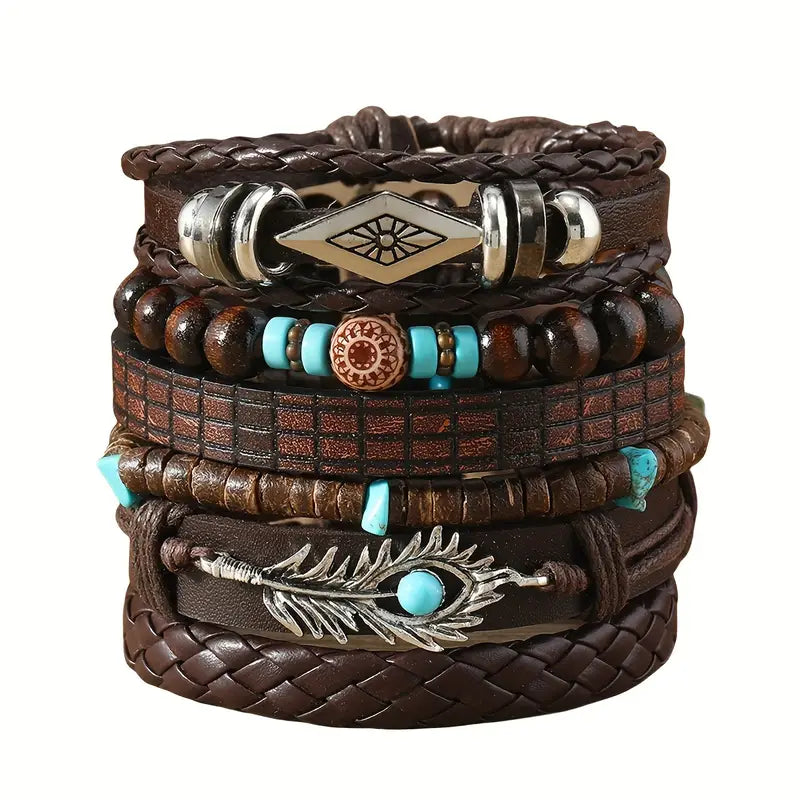 Tribal Leather and Bead Bracelet Set