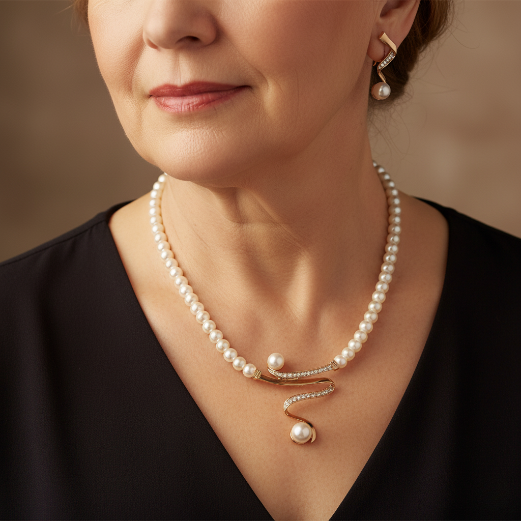 Set van parelketting en oorhangers met goudkleurige golf