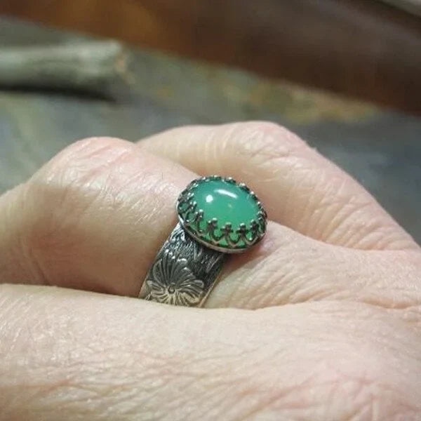 Carved Flower Emerald-Look Ring