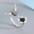 Adjustable Vintage-Style Silver-Plated Hummingbird and Flower Open Ring