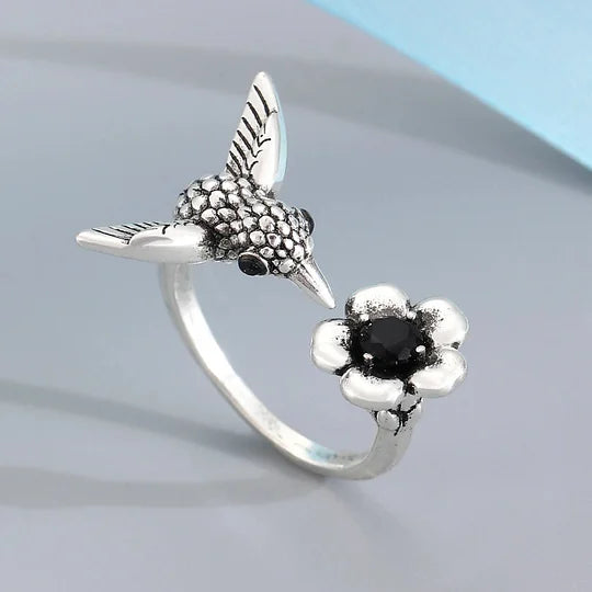 Adjustable Vintage-Style Silver-Plated Hummingbird and Flower Open Ring