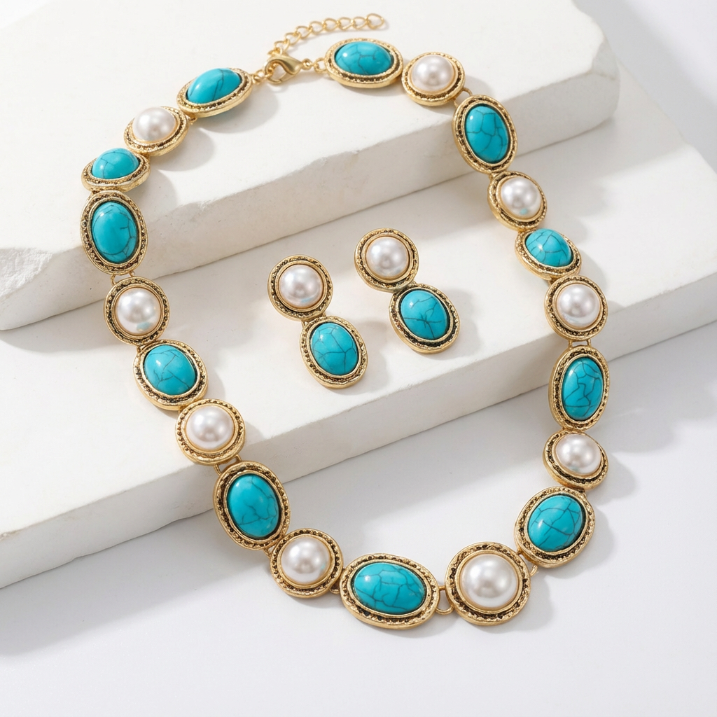 Antique-Style Turquoise and Pearl Set