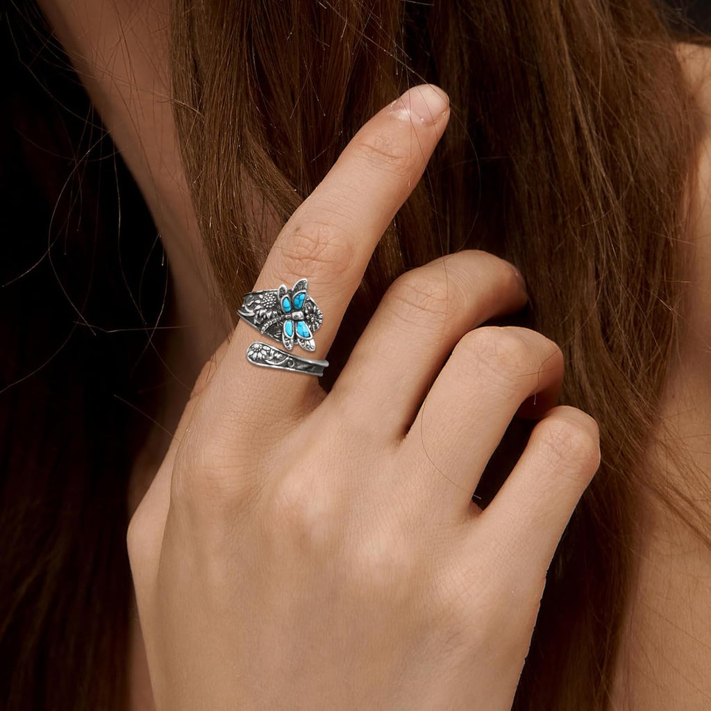 Sterling Silver Turquoise Spoon Wrap Ring with Dragonfly
