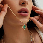 Emerald-Look Clover Pendant Necklace in Gold Tone