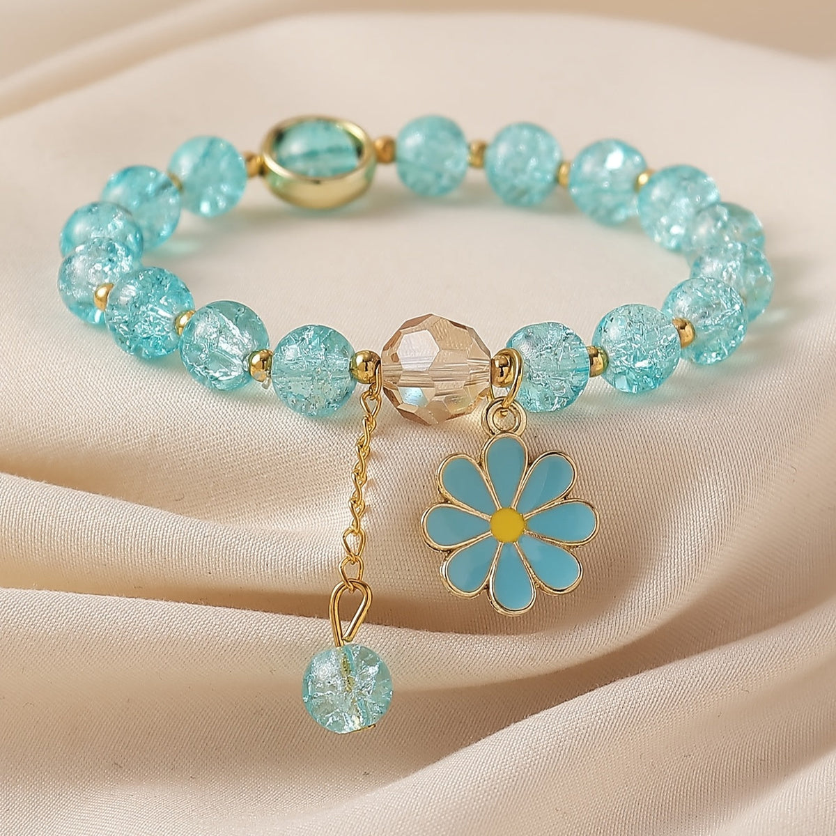 Crackle Glass Bead Bracelet with Daisy Pendant
