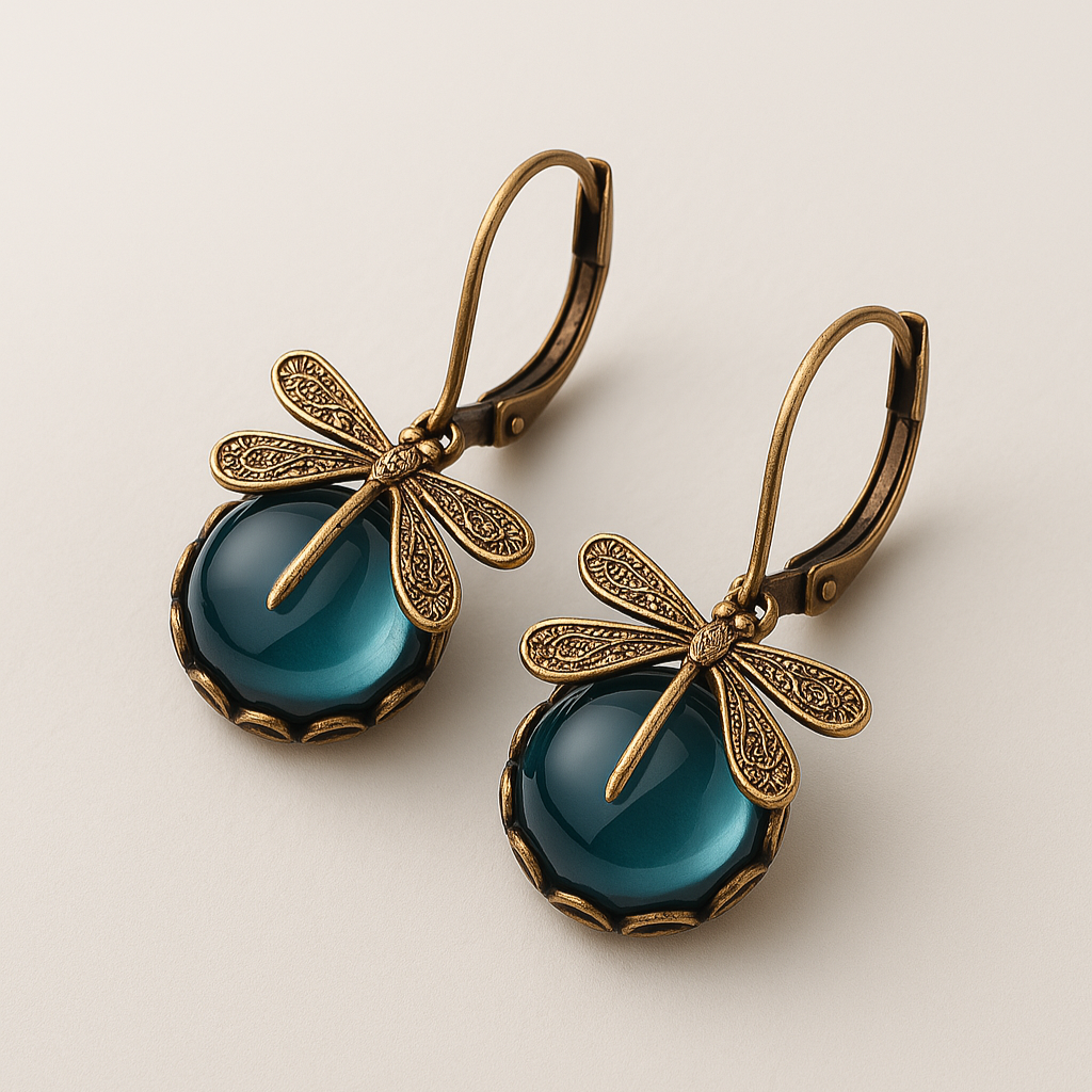 Spherical Dragonfly Earrings in Antique Gold Tone