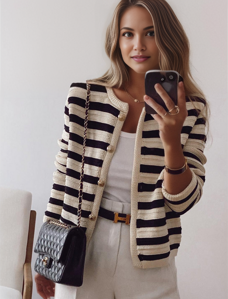 Horizontal Stripe Open-Front Cardigan in a Soft Plush Knit