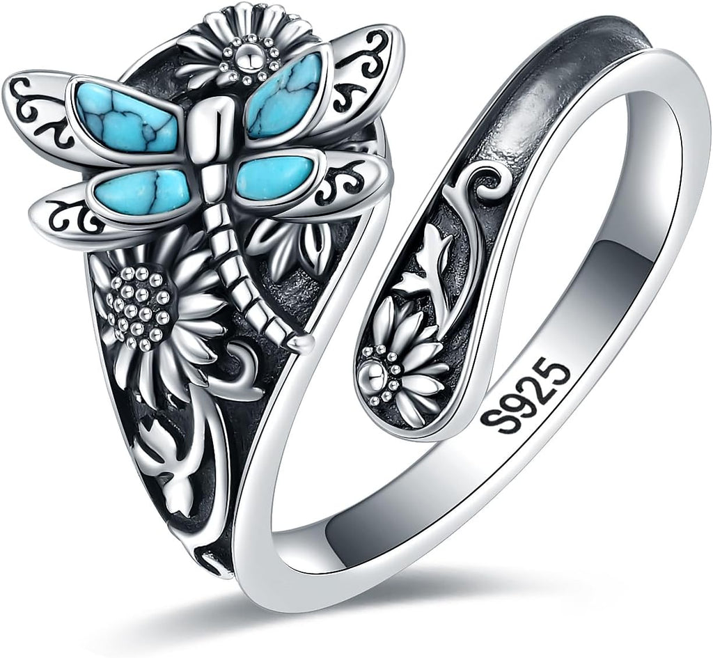 Sterling Silver Turquoise Spoon Wrap Ring with Dragonfly