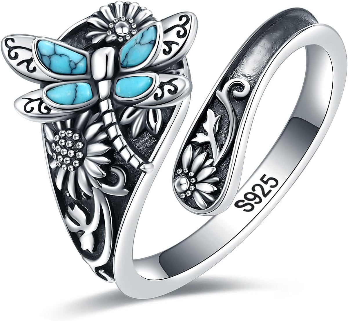 Sterling Silver Turquoise Spoon Wrap Ring with Dragonfly