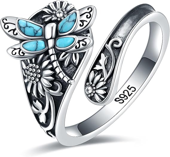 Sterling Silver Turquoise Spoon Wrap Ring with Dragonfly