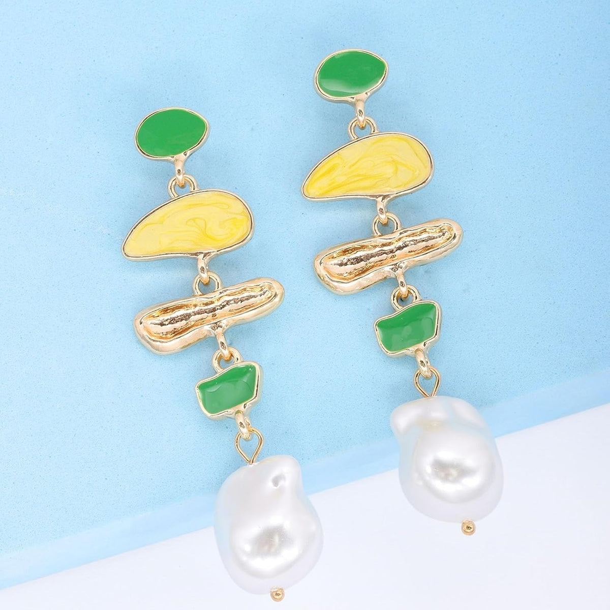 Brincos Pendentes em Esmalte Colorido e Pérola Estilo Vintage