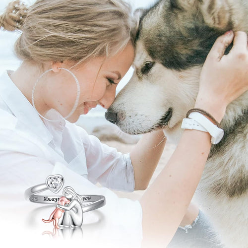 Adjustable 925 Sterling Silver Dog Ring with Zirconia and Heart