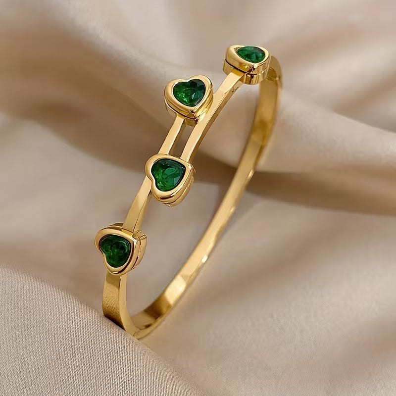 Gold-Tone Chain Bracelet with Green Heart Stones