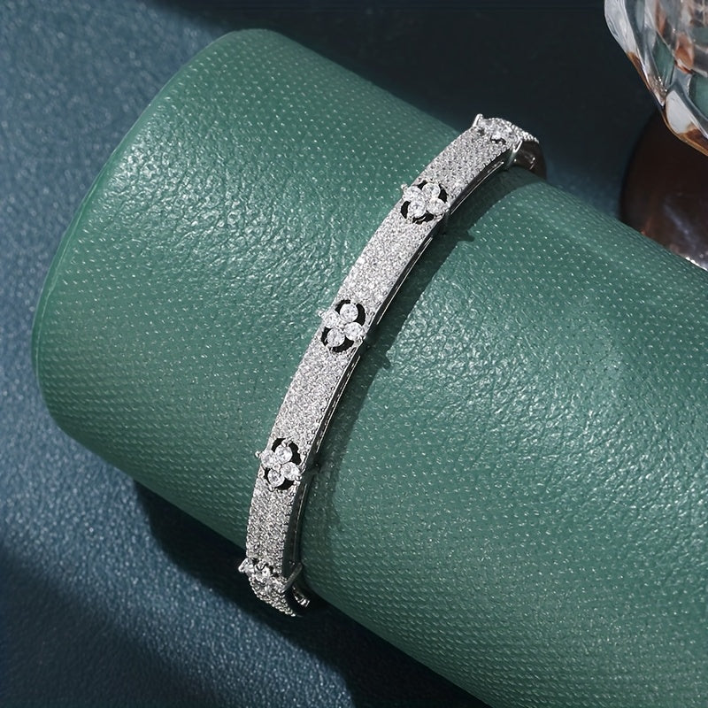 Floral Design Zirconia Inlaid Bracelet in Two Tones