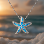 Silver-Tone Starfish Necklace with Blue Opal-Look Stone