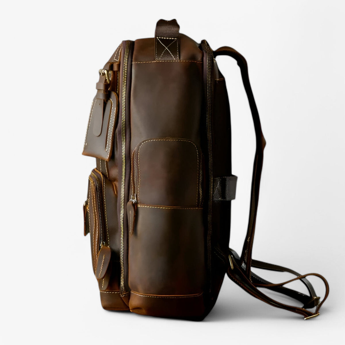 Retro-Style Brown Leather Backpack with Padded Laptop Sleeve