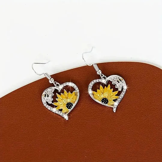 Vintage-Style Sunflower, Bee and Heart Dangle Earrings