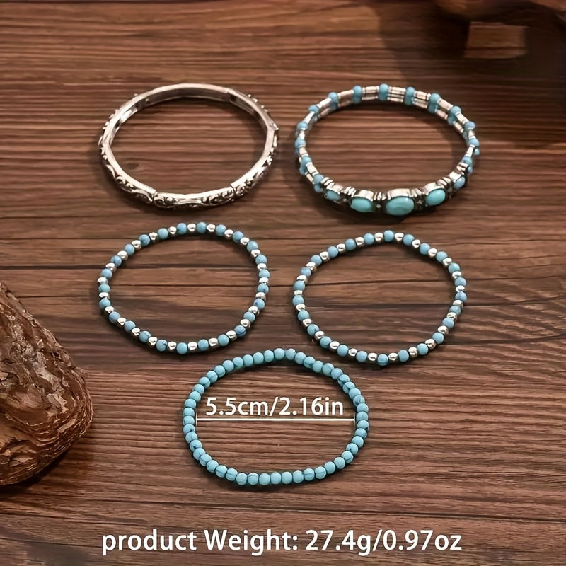 Five-Piece Vintage-Style Turquoise-Look Beaded Bracelet Set