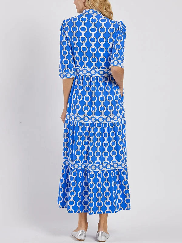Chain-Link Print Blouson Sleeve Tiered Maxi Dress