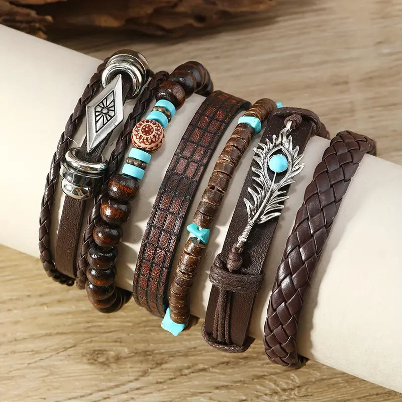 Tribal Leather and Bead Bracelet Set
