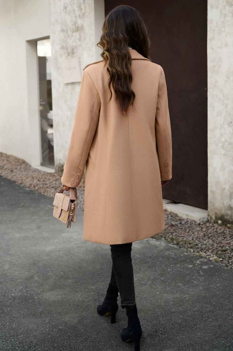 Solid Colour Longline Coat with Notched Collar and Buttons
