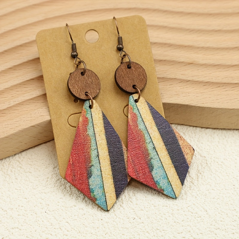 Bohemian Striped Wooden Inlay Drop Earrings