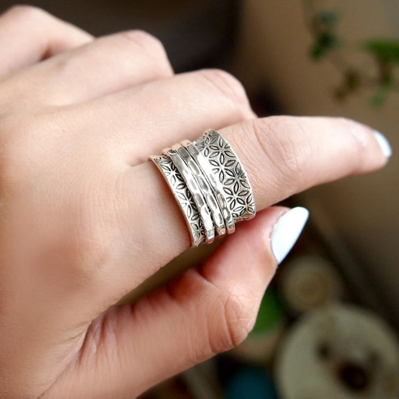 Vintage-Style Boho Floral Wide Silver-Plated Ring