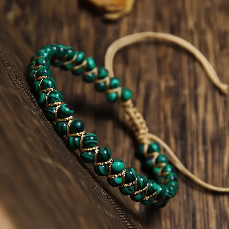 Malachite-Pattern Green Bead Bracelet with Gold-Tone Weave