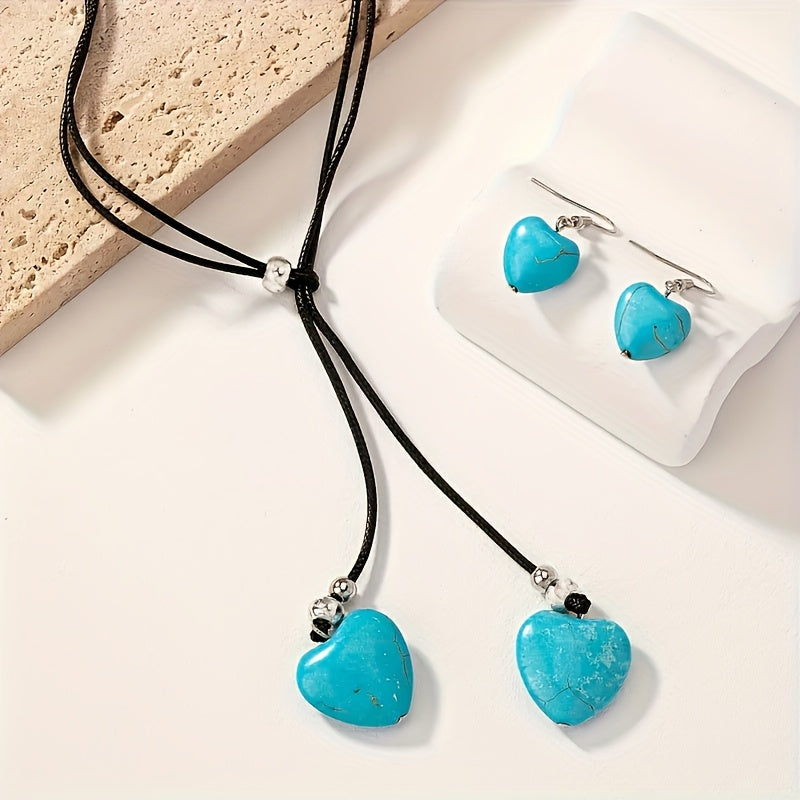 Vintage Bohemian Turquoise Heart Necklace and Earring Set