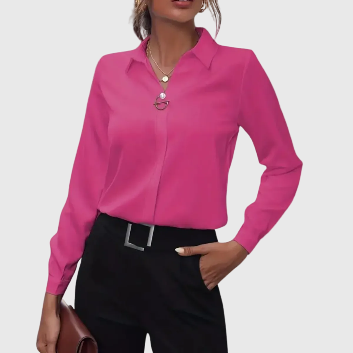Folded-Collar Blouse with Long Sleeves