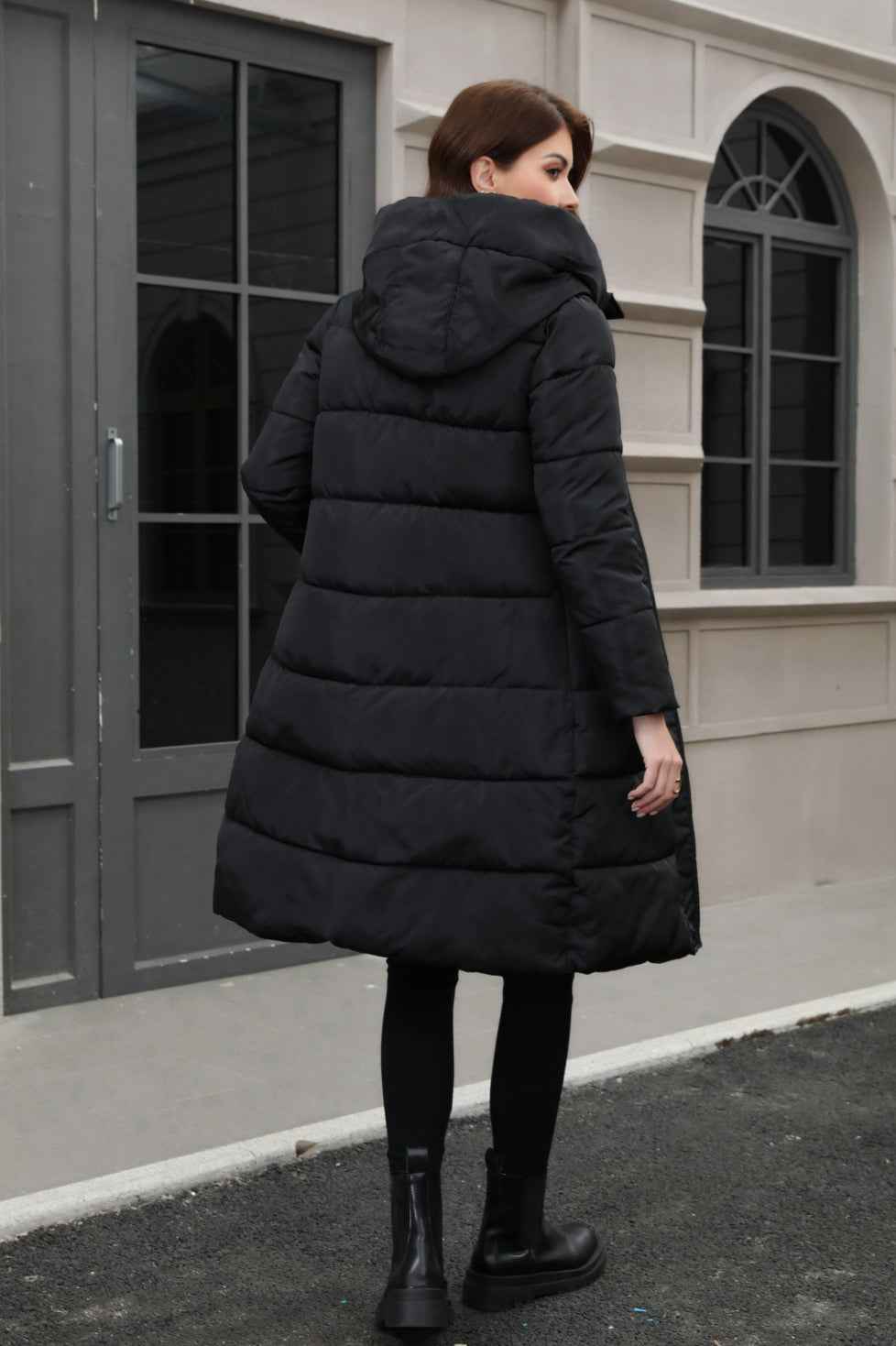 Hooded Longline Padded Jacket with Concealed Button Front