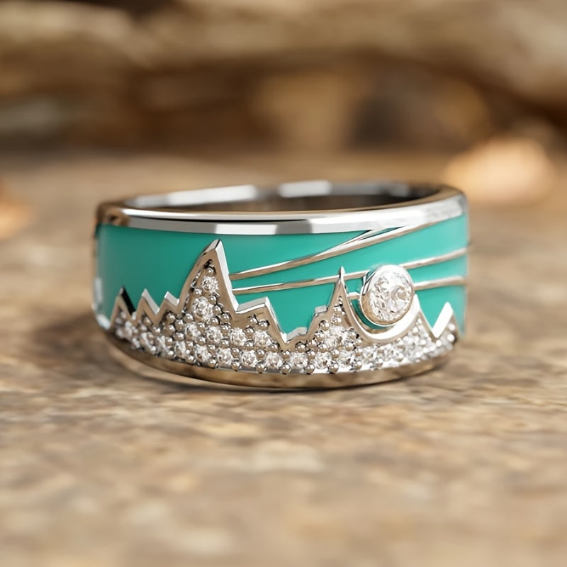 Bohemian Zirconia Inlaid Enamel Mountain and Sun Ring