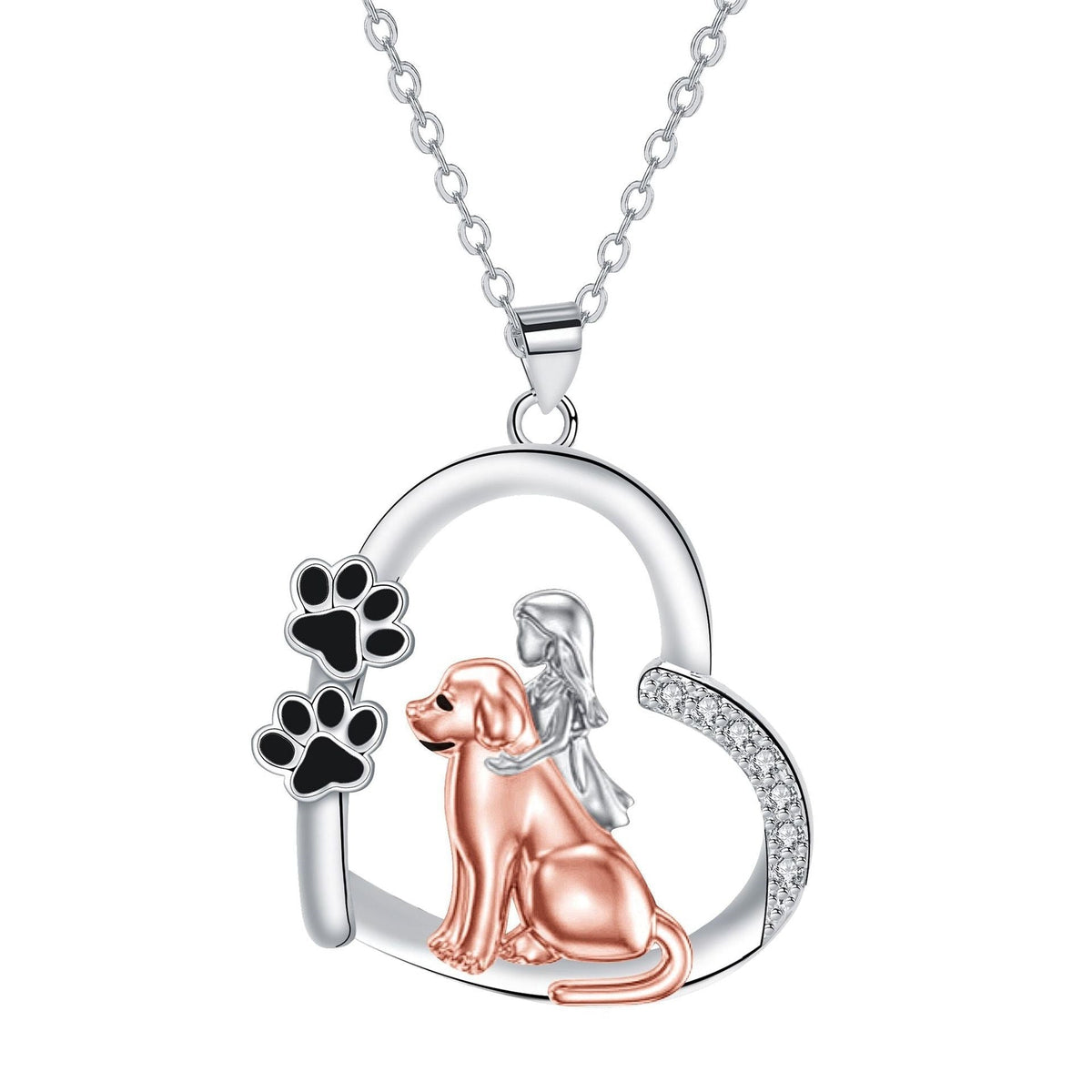 Rose Gold-Tone Heart Dog and Girl Necklace