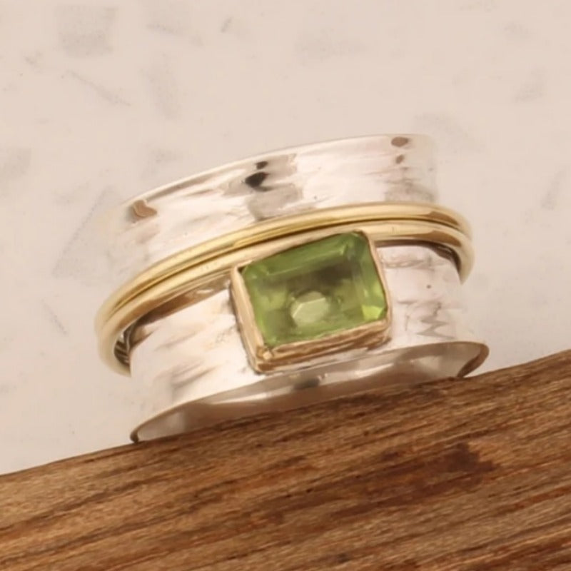 Vintage-Style Hammered Two-Tone Peridot-Look Ring
