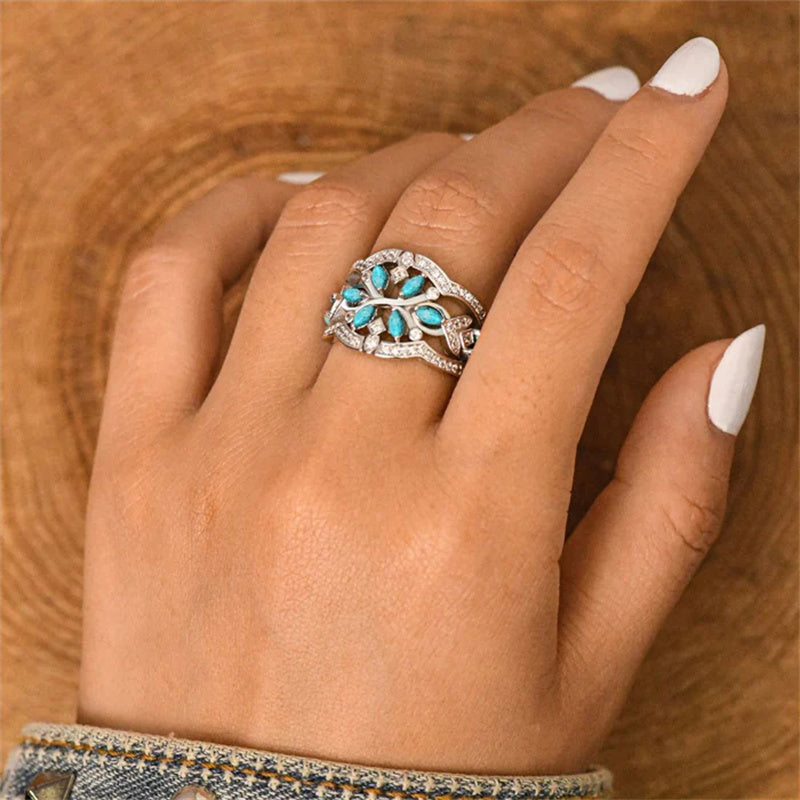 Vintage-Style Boho Turquoise Flowers and Vines Ring