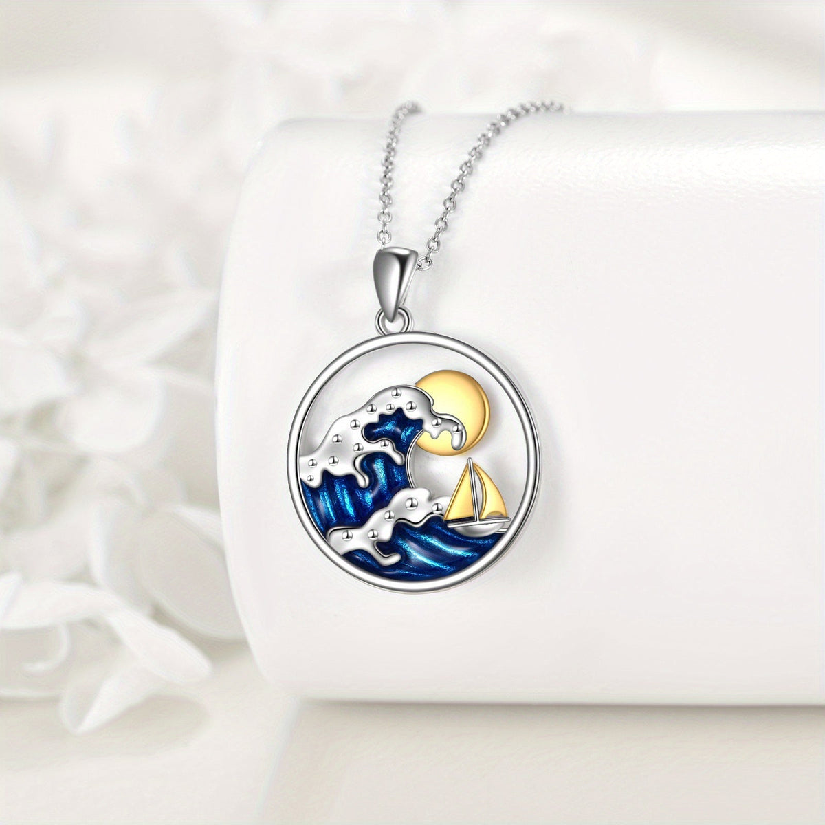 Silver-Tone Ocean Wave, Sun and Sailboat Pendant Necklace