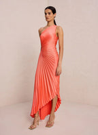 One-Shoulder Pleated Asymmetric Hem Maxi Dress