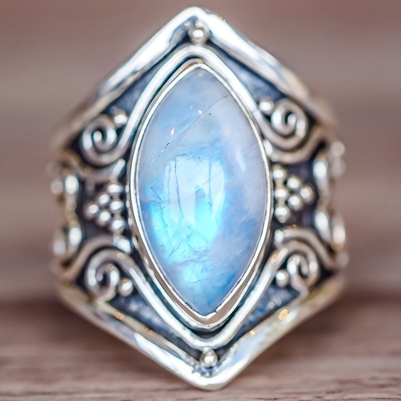Marquise Moonstone-Look Ring with Filigree Silver-Tone Band