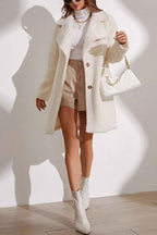 Long Plush Parka with Notched Collar and Two Button Fastening
