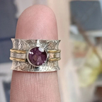 Engraved Silver-Tone Spinner Ring with Purple Crystal