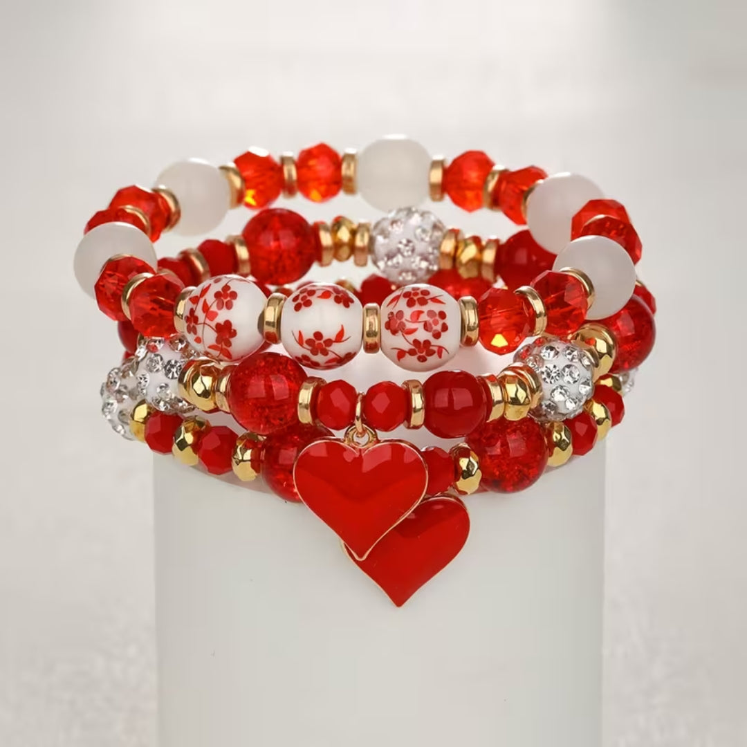 Red Heart Beaded Bracelet Set