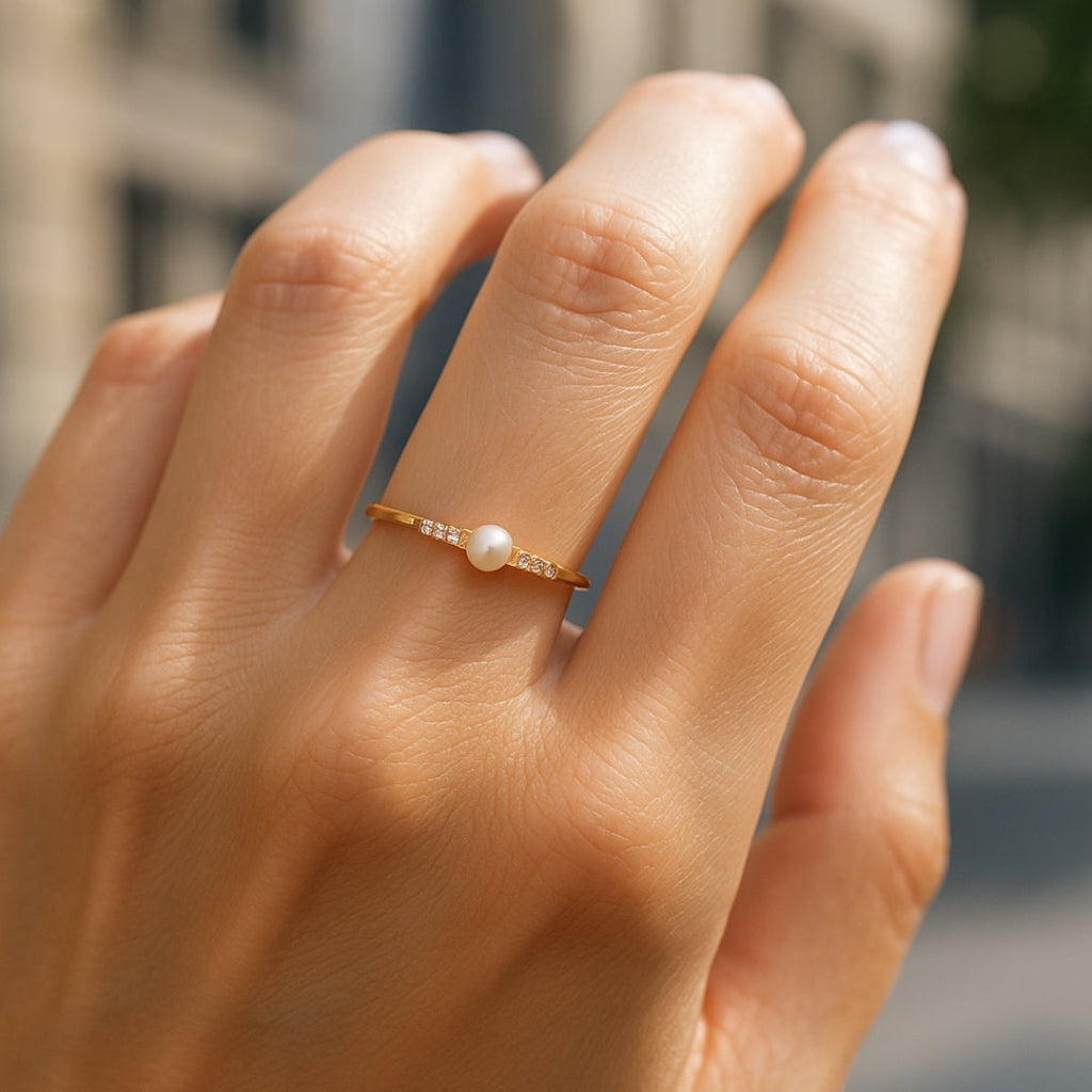 Single Pearl and Zirconia Gold-Tone Ring