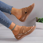 Faux Leather Open-Toe Wedge Heel Sandals with Floral Stitching