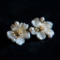 White Pearl Blossom Earrings with Gold-Tone Stamens