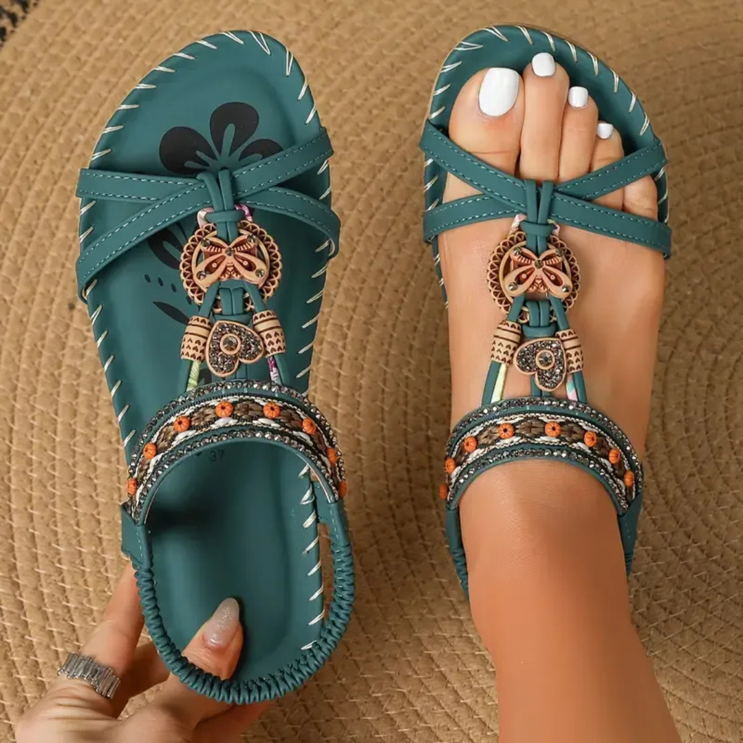 Beaded Flat T-Strap Sandals with Patterned Footbed
